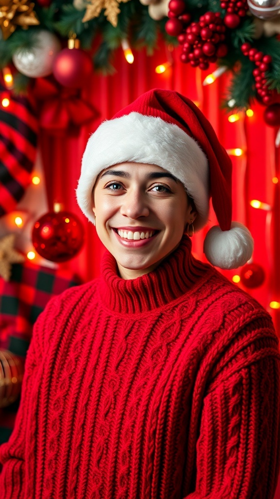 A festive profile picture with a person in a red Santa hat and sweater, surrounded by Christmas decorations.